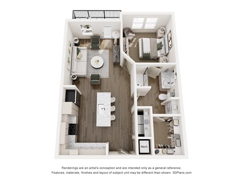 A 3D floor plan The Adair - 1-bed 1-bath apartment with a large kitchen, spacious layout, walk-in closet